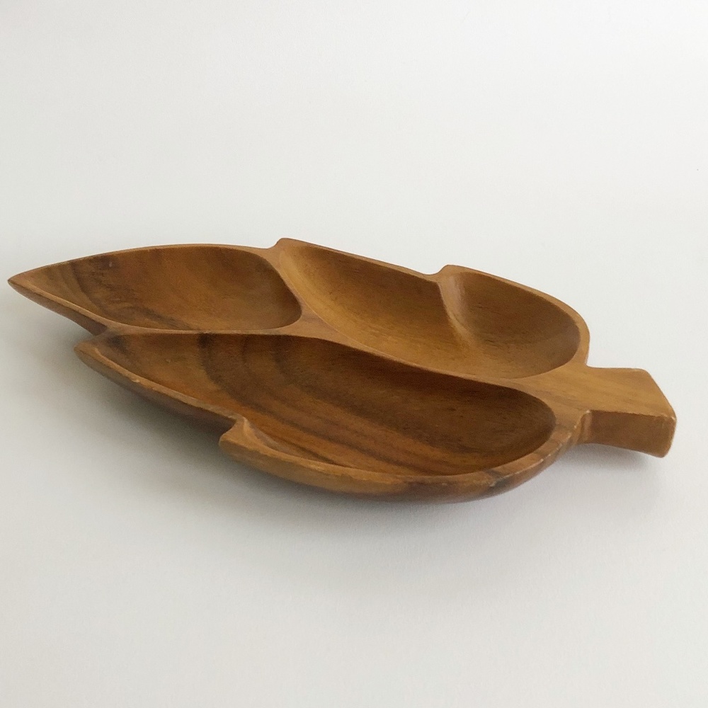 Vintage Monkey Pod Leaf Divided Dish 4 Sections Serving Snack Tray Hand Carved